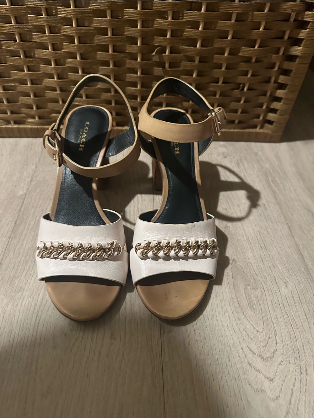 Coach White and Tan Chain-Trim Block Heel Sandals